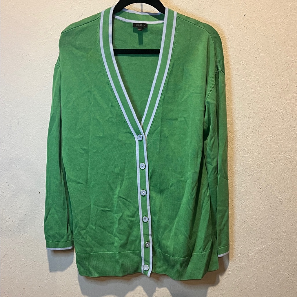 Talbots Girlfriend Oversized Sweater In Green With Blue Trim Size Medium